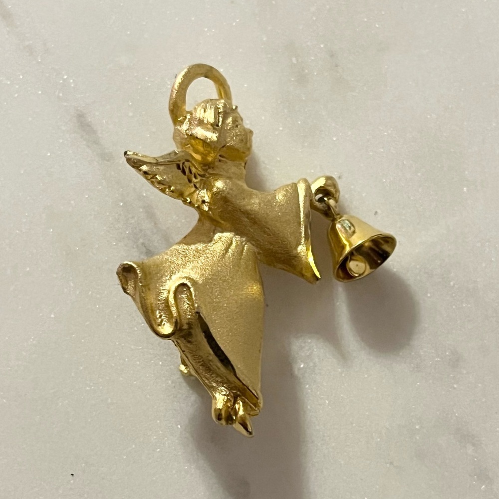 Vintage Robyn Rush Brushed Gold Angel With Intact Dangling Bell Pin Brooch USA